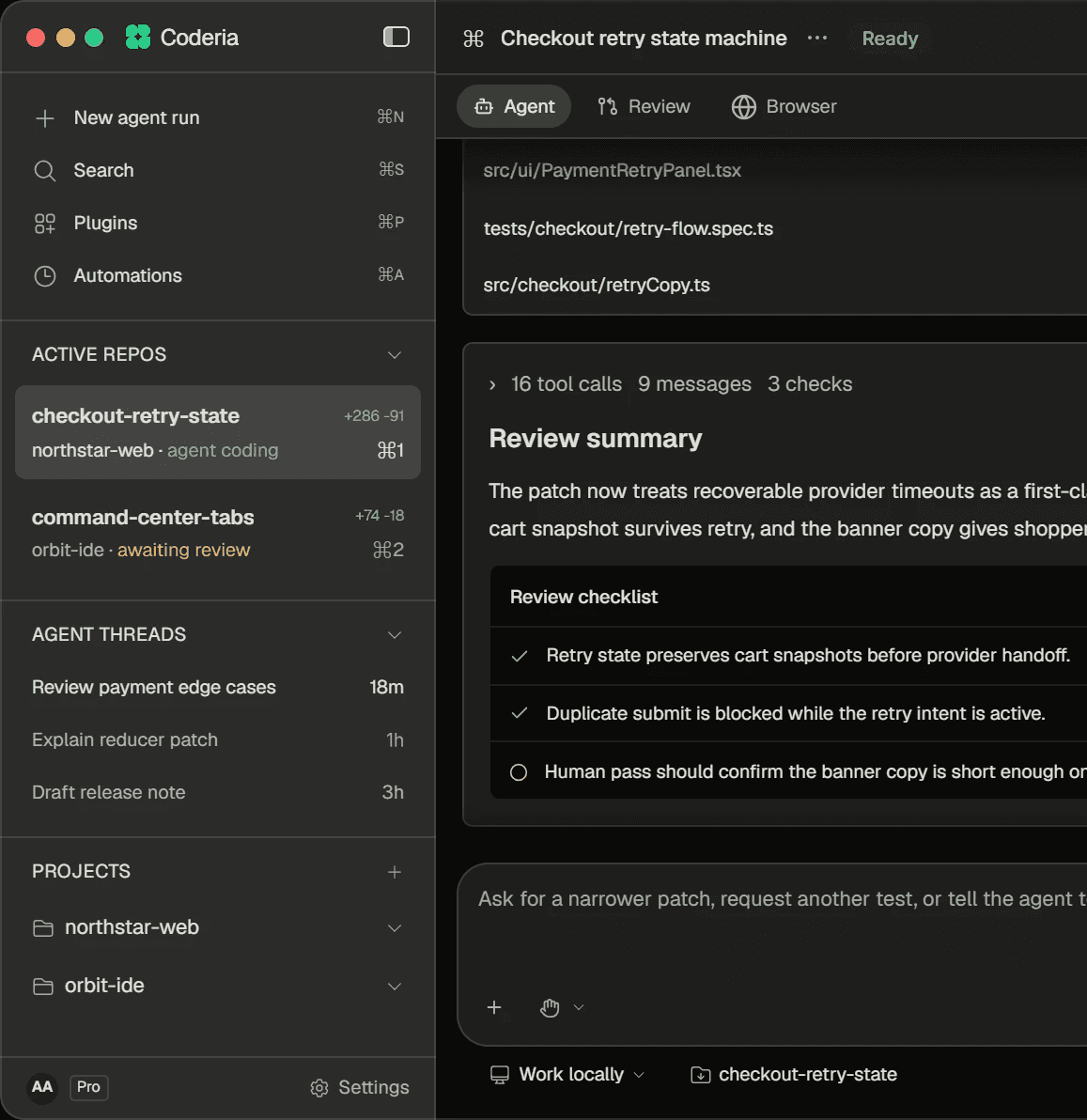 The Zubvo desktop app: repo sidebar and an agent review panel