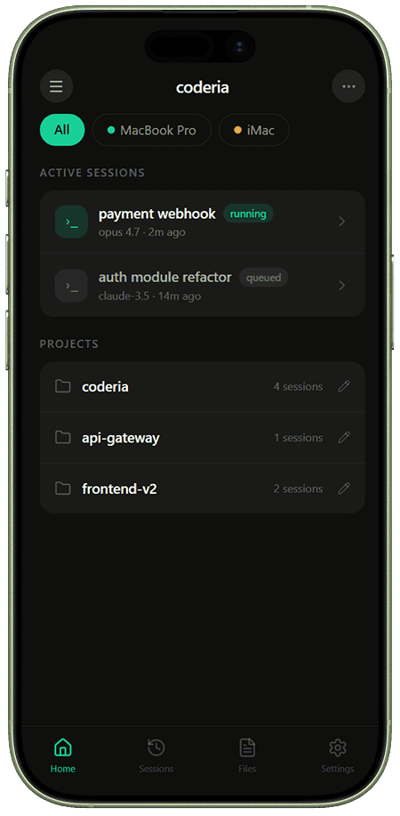 The Zubvo mobile app: active agent sessions and projects